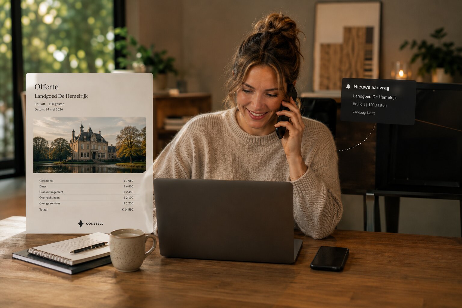 Medewerker van een trouwlocatie belt direct een bruidspaar na een nieuwe aanvraag, met een offerte van de locatie in beeld