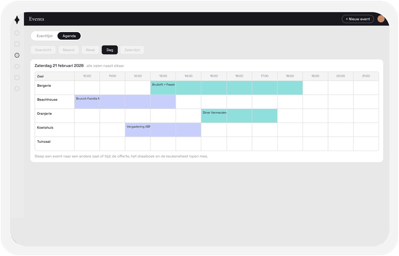 De dagagenda met alle zalen naast elkaar en de events per zaal