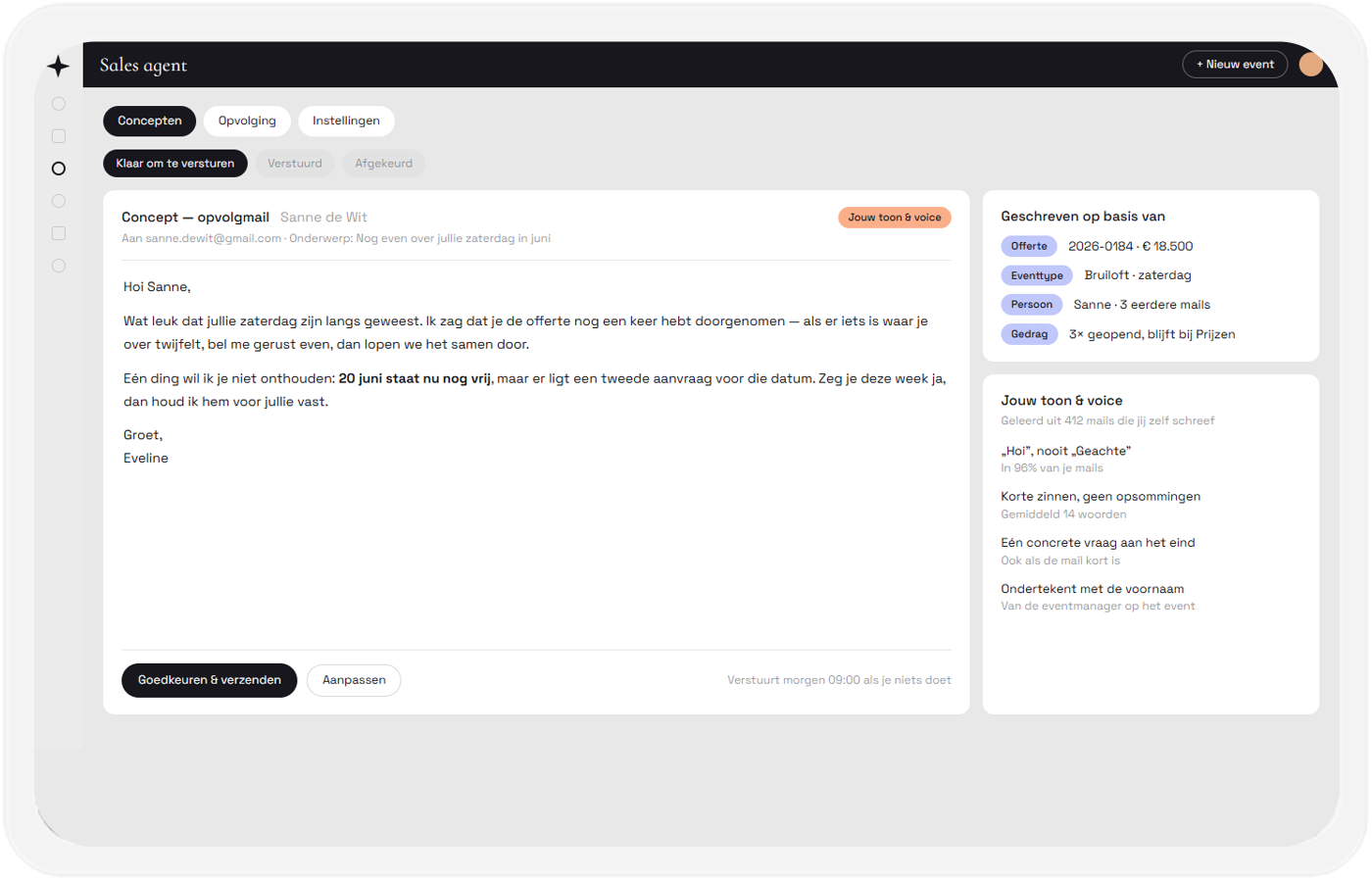 Een concept-opvolgmail in Constell met daarnaast de toon en voice die de agent uit eerdere mails leerde