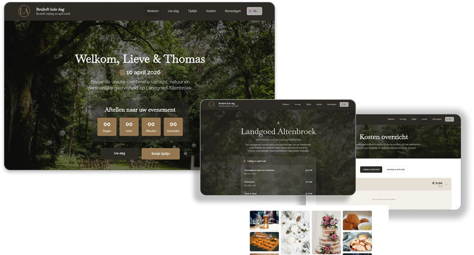 Een branded offerte-website: welkomstscherm &lsquo;Welkom, Lieve & Thomas&rsquo; met een sfeerfoto, plus de tabbladen sfeer proeven en kostenoverzicht