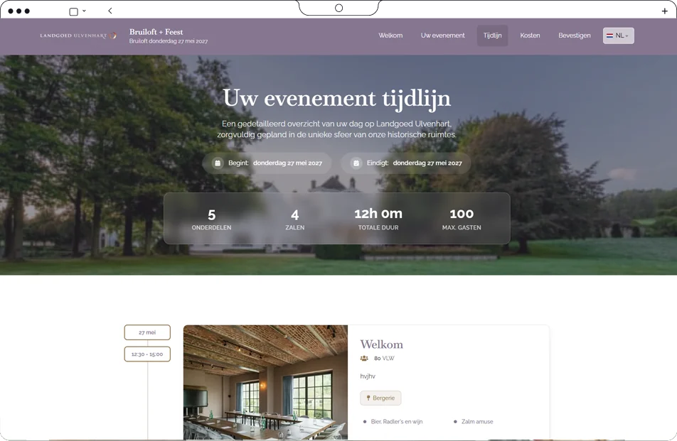 De tijdlijn in de online offerte van de gast: per onderdeel de tijd, de zaal en een foto, in de huisstijl van de locatie