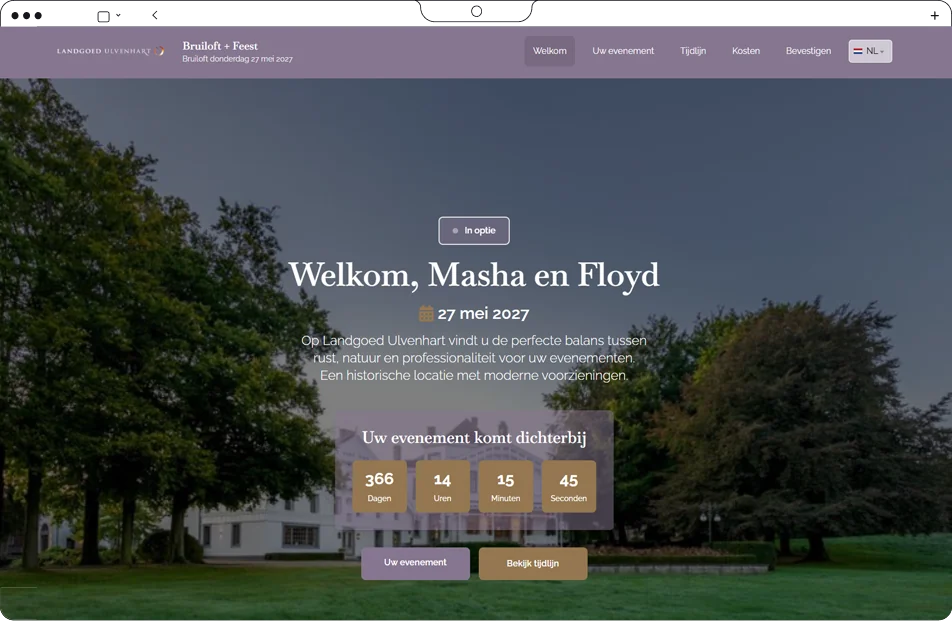 Welkomstscherm van de offerte: &lsquo;Welkom, Lieve & Thomas&rsquo; met sfeerfoto en aftelklok naar het evenement