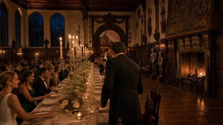 Een lange gedekte tafel in een historische zaal tijdens een diner