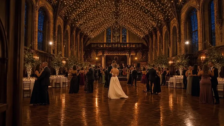 Gasten die dansen in een verlichte historische zaal