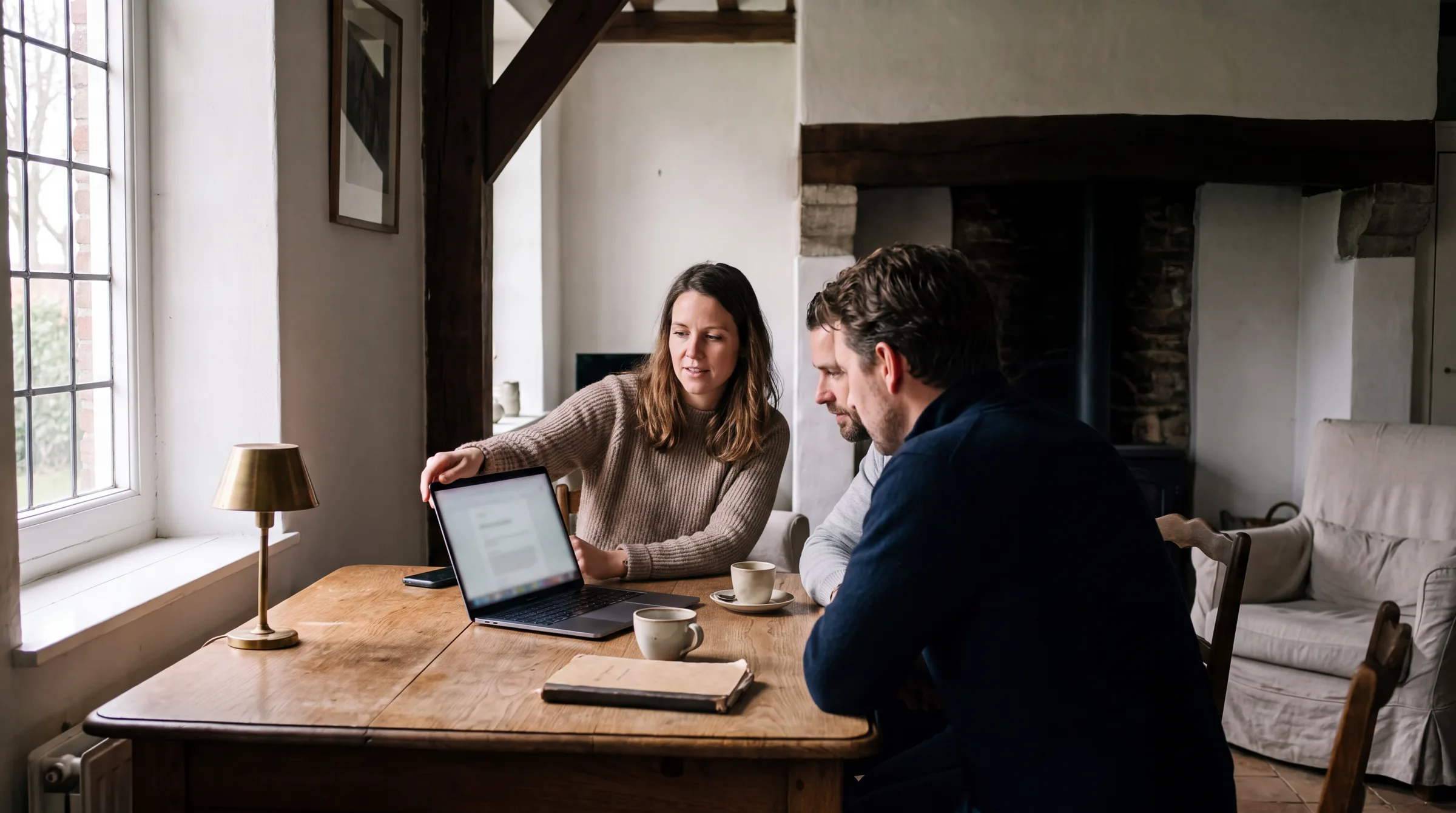 Een gastvrouw draait haar laptop naar een stel toe