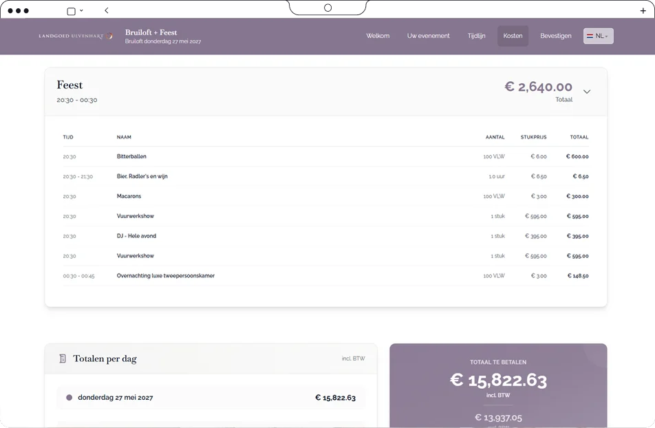 Het kostenoverzicht aan de gastkant van de branded offerte