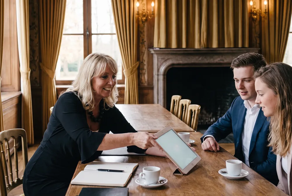 Marjel Huisman schuift een tablet met de offerte over de tafel naar een bruidspaar in de gouden salon
