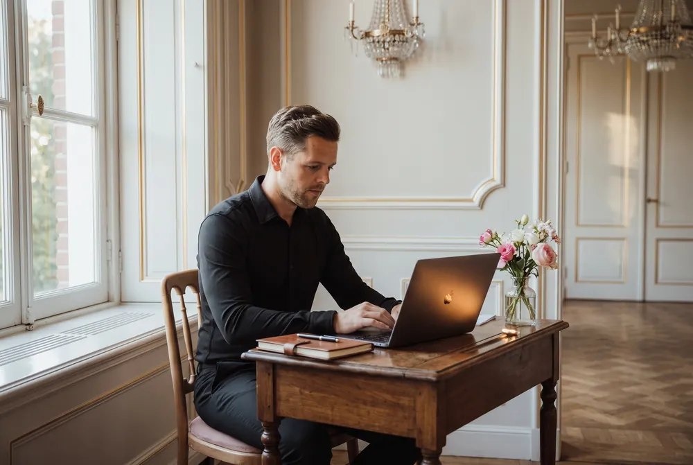 Kevin Jaspers achter zijn laptop in een salon van Landhuis Wolfslaar