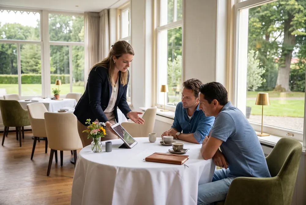 Aan tafel in de serre wordt de offerte doorgenomen met de gast erbij.