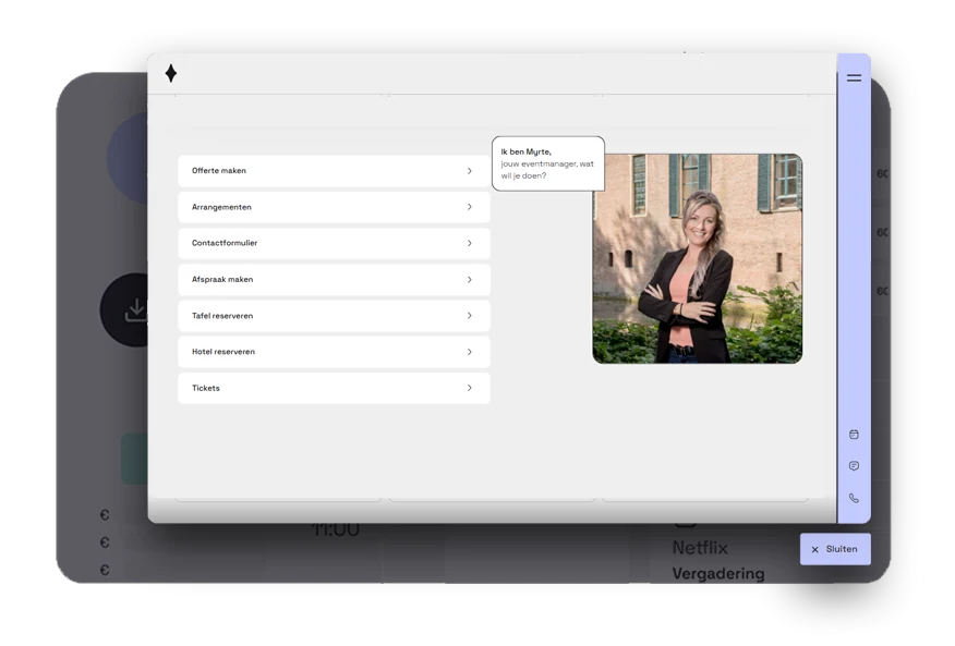 De widget toont een keuzemenu met offerte maken, arrangementen en contactformulier, naast de foto van de online host