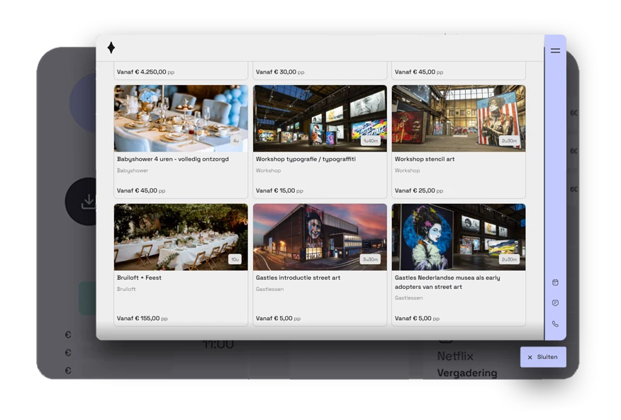 Het arrangementenoverzicht in de widget met foto’s, prijzen en programma’s