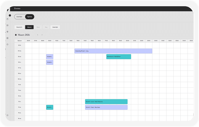 Constell agenda overzicht met maandplanning, zaalbezetting en eventbeheer