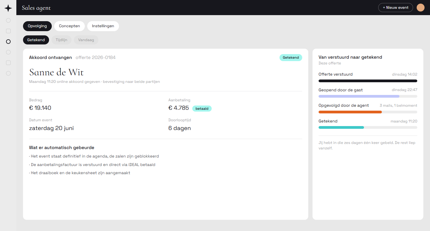 Het online akkoord op een offerte in Constell, met de aanbetaling die direct betaald is