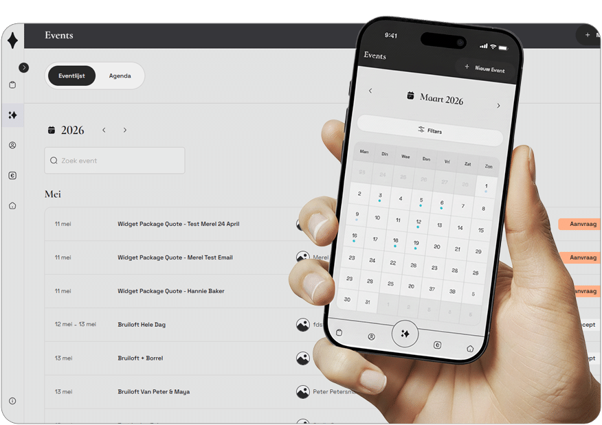 Constell event management overzicht met eventlijst en agenda op desktop en mobiel