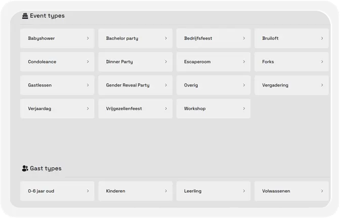 Instellingen in Constell voor verschillende event- en gasttypes